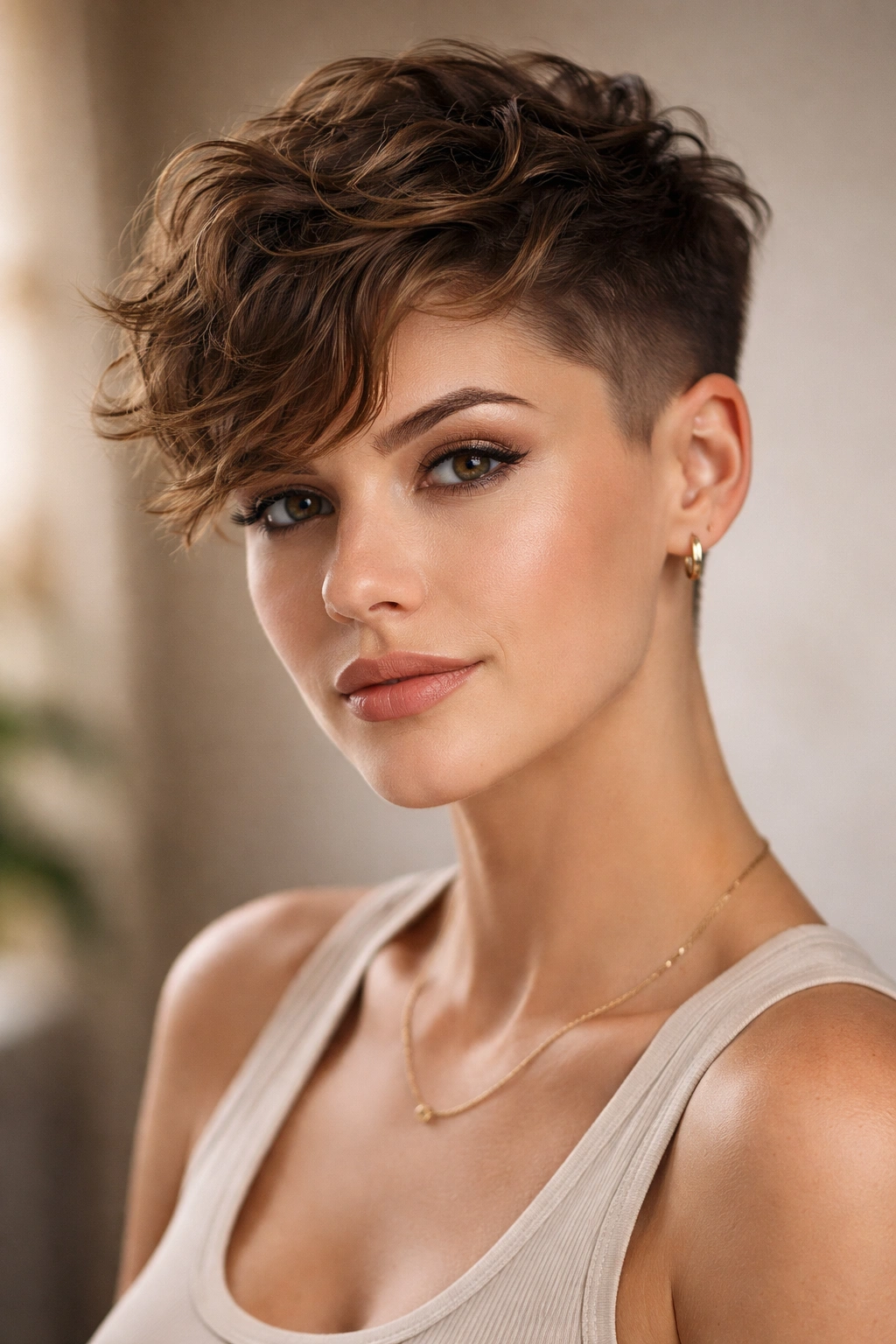 Cropped wavy hair with undercut and textured top