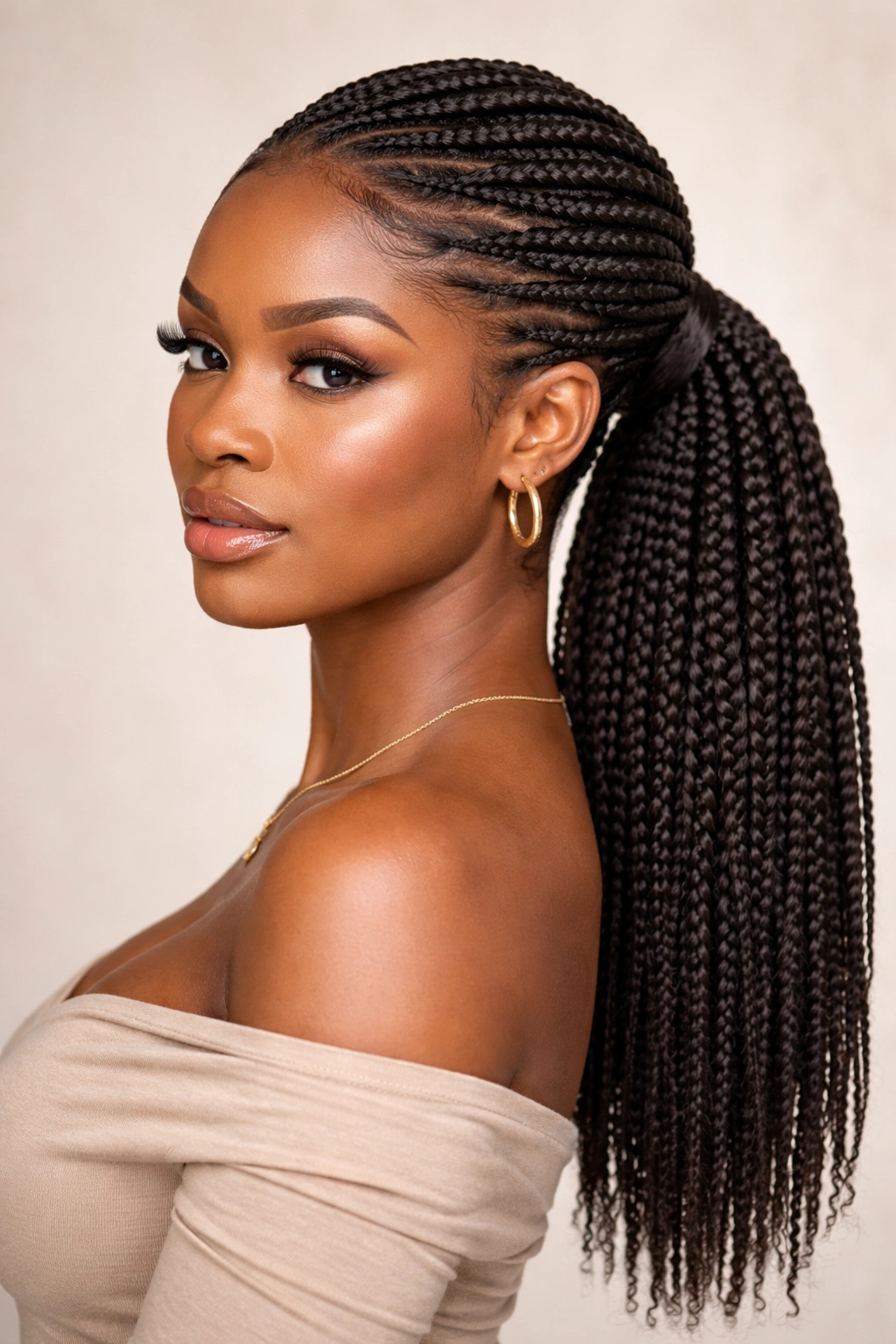 Full crotchet braids low ponytail with polished finish