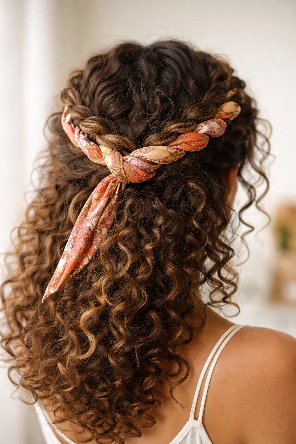 Back view of crown braid with bandana woven through