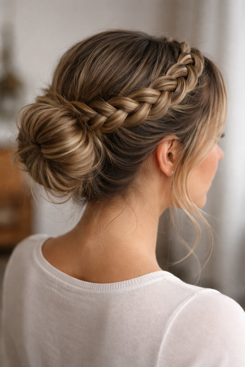 Close-up of crown braid encircling the head with a back bun
