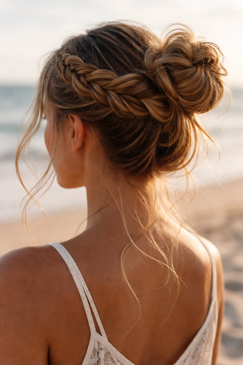 Close-up of undone halo crown braid wrapped around a bun on the beach