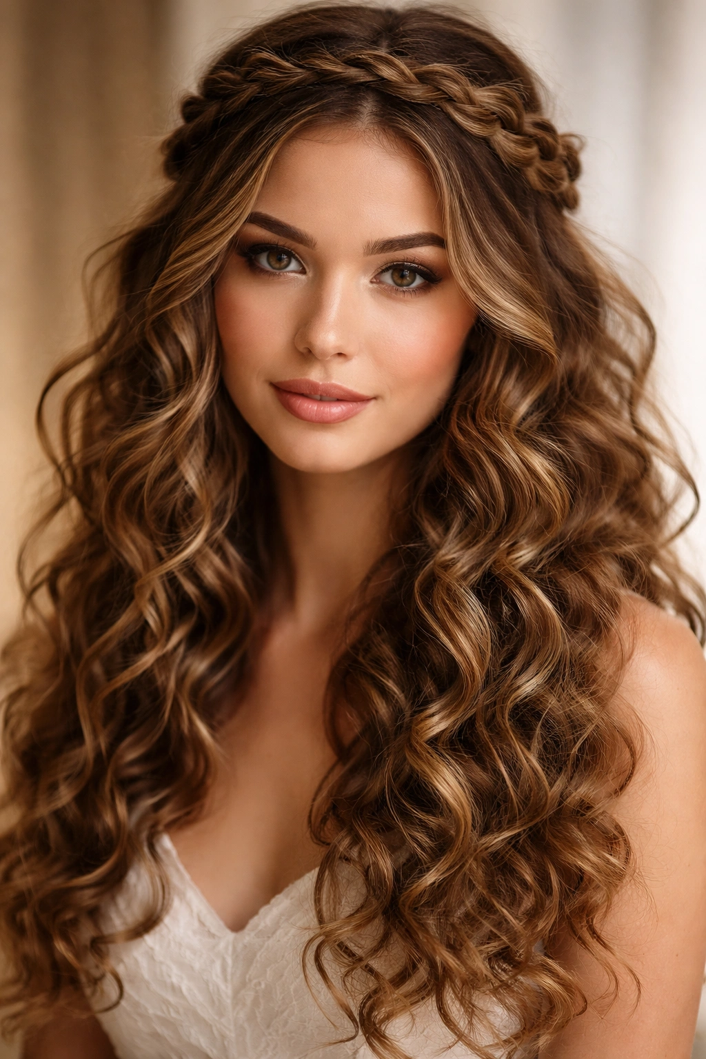 Halo braid around head with cascading curly hair