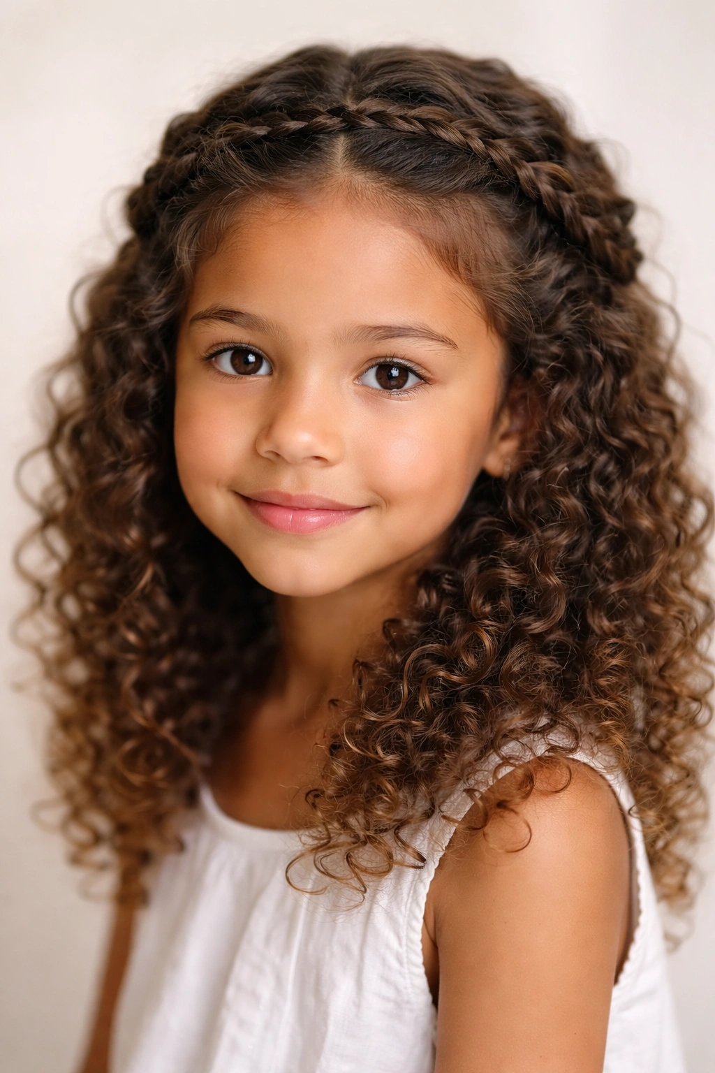 Close-up of a child with a crown braid around the head and loose curls framing the face