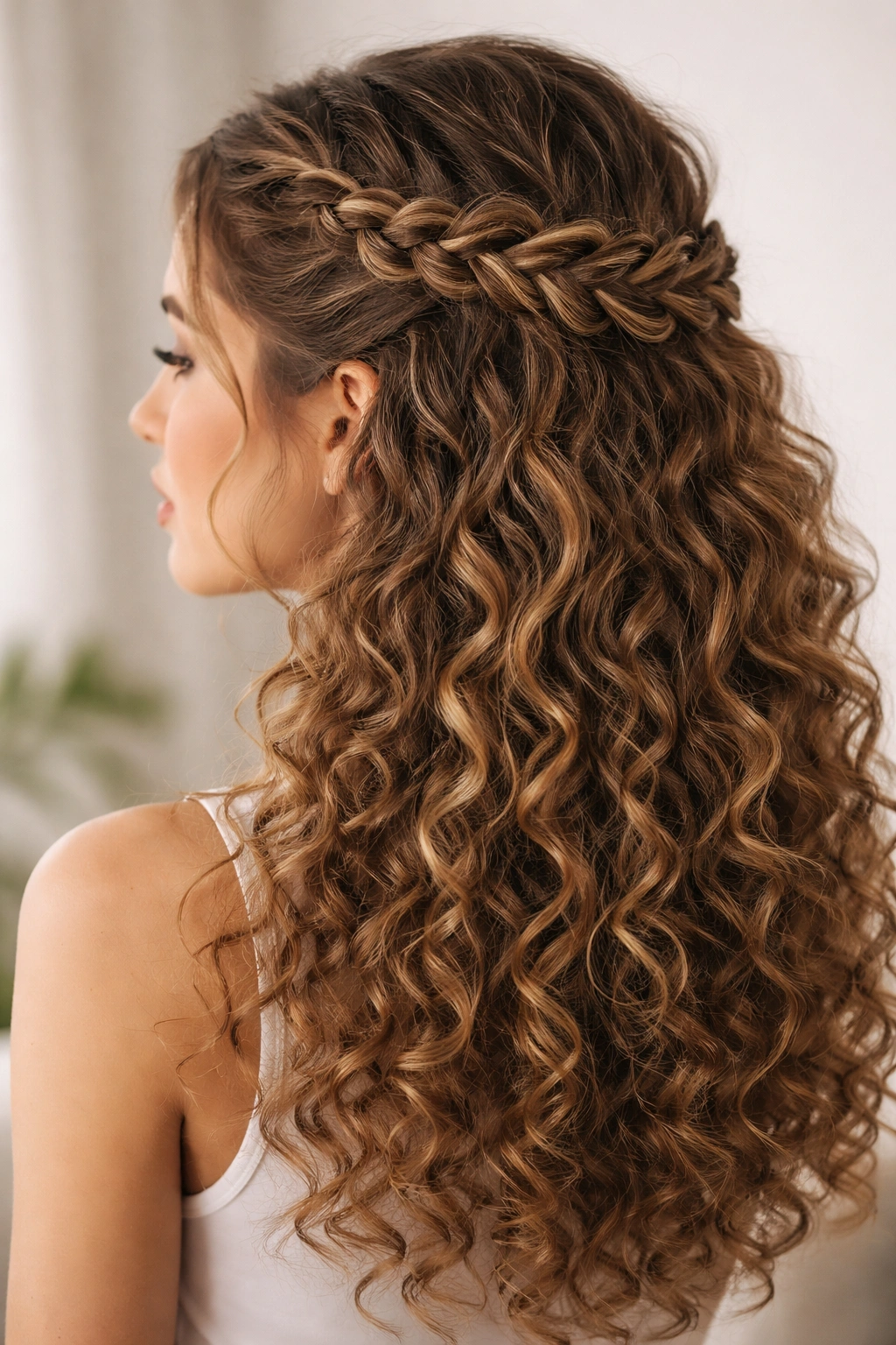 Crown braid across back of head with curls underneath