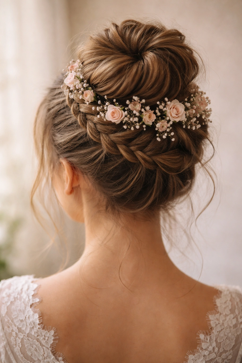 Crown braid bun with delicate florals woven through
