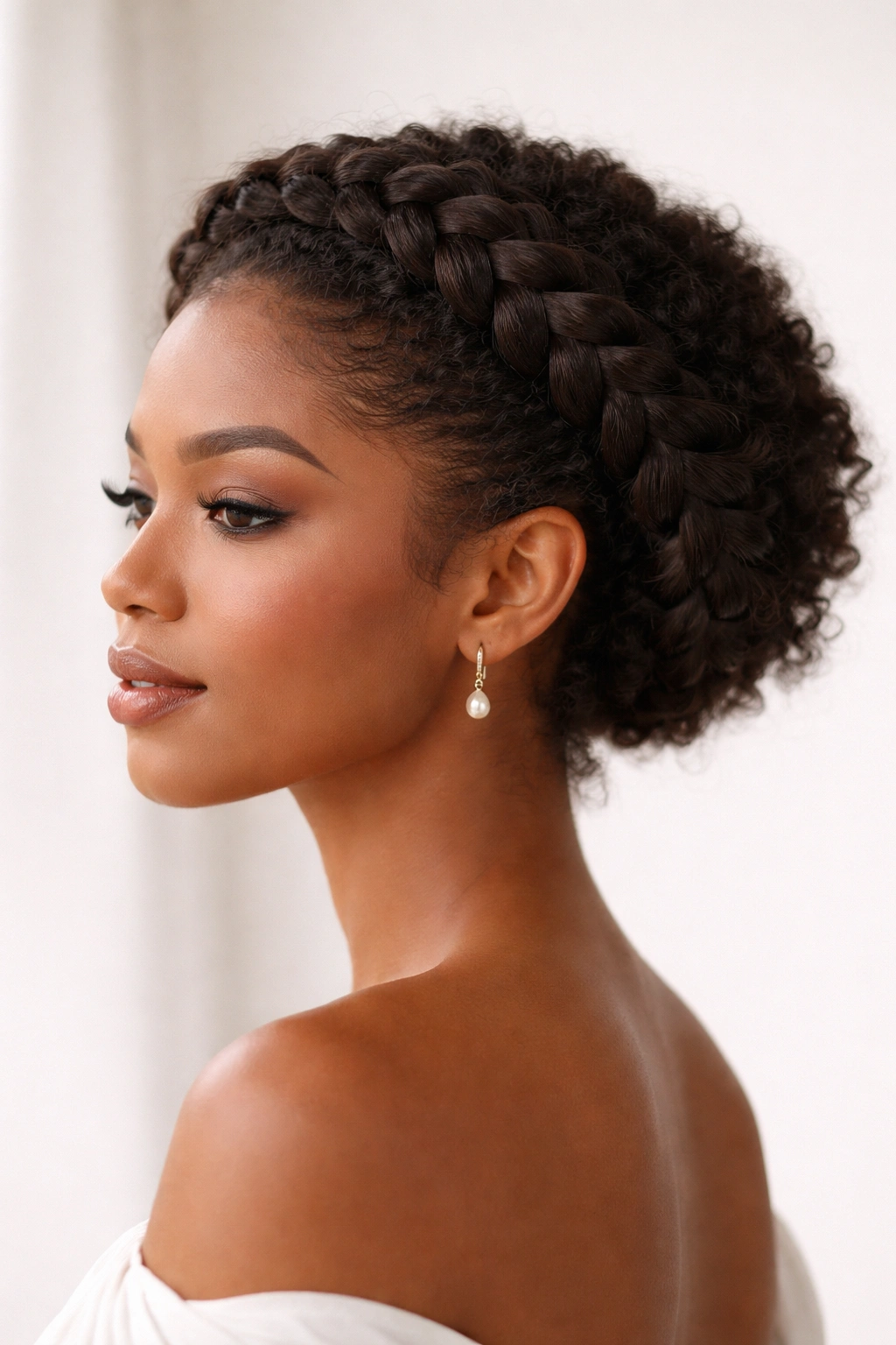 Side profile of a head with a crown braid encircling the crown