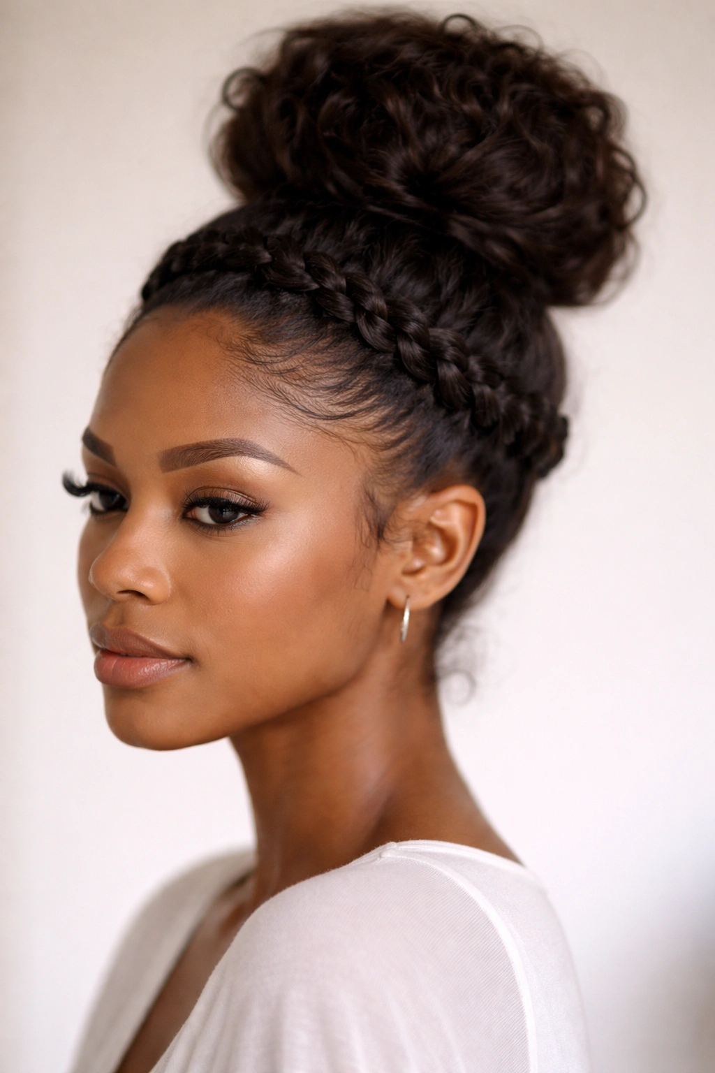Three-quarter view of The High Bun with Crown Braid Detail featuring a halo braid around the head.
