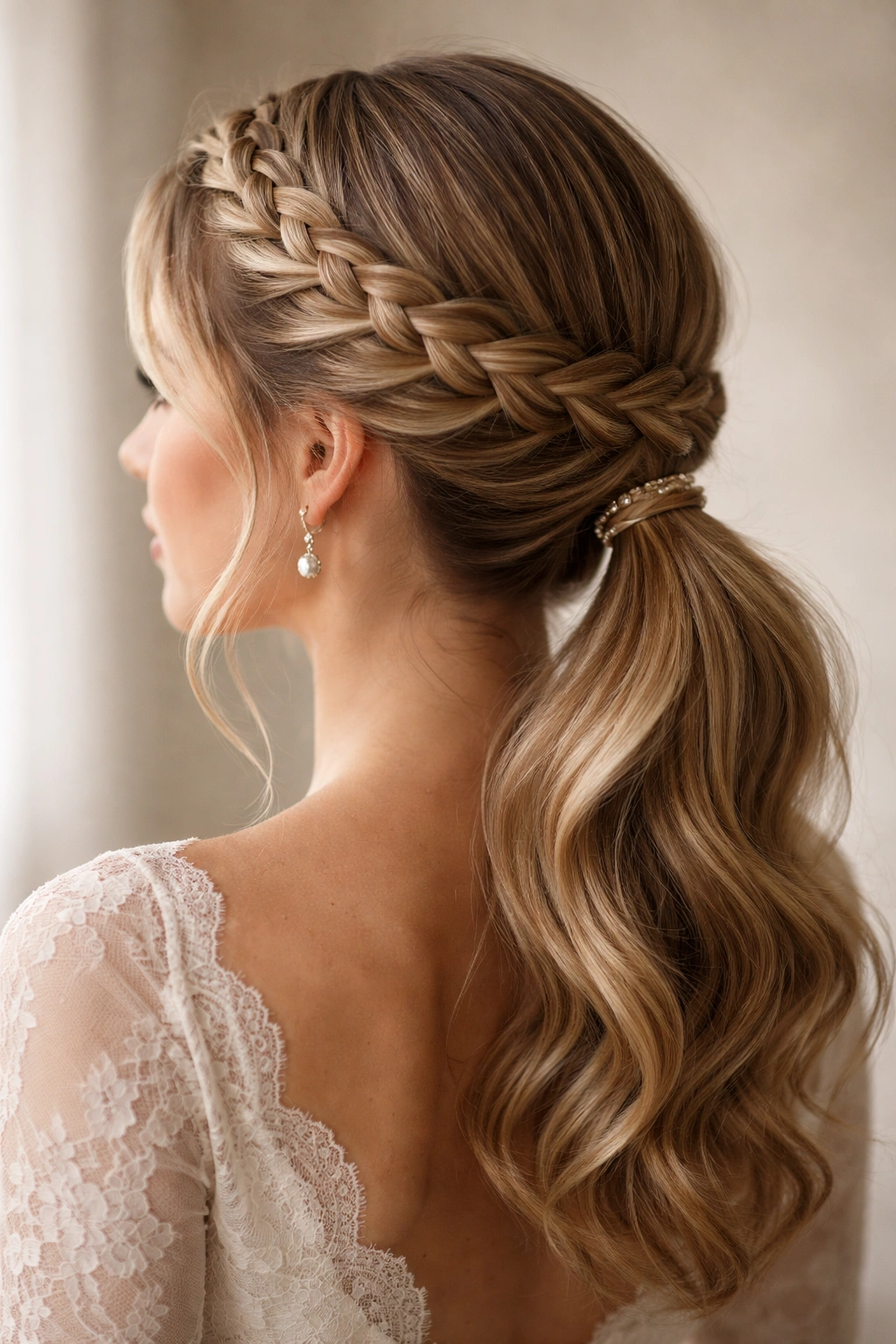 Crown braid around head flowing into a low ponytail.