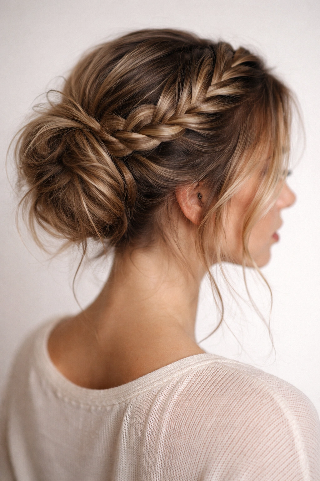 Crown braid along the top of the head with a low messy bun underneath