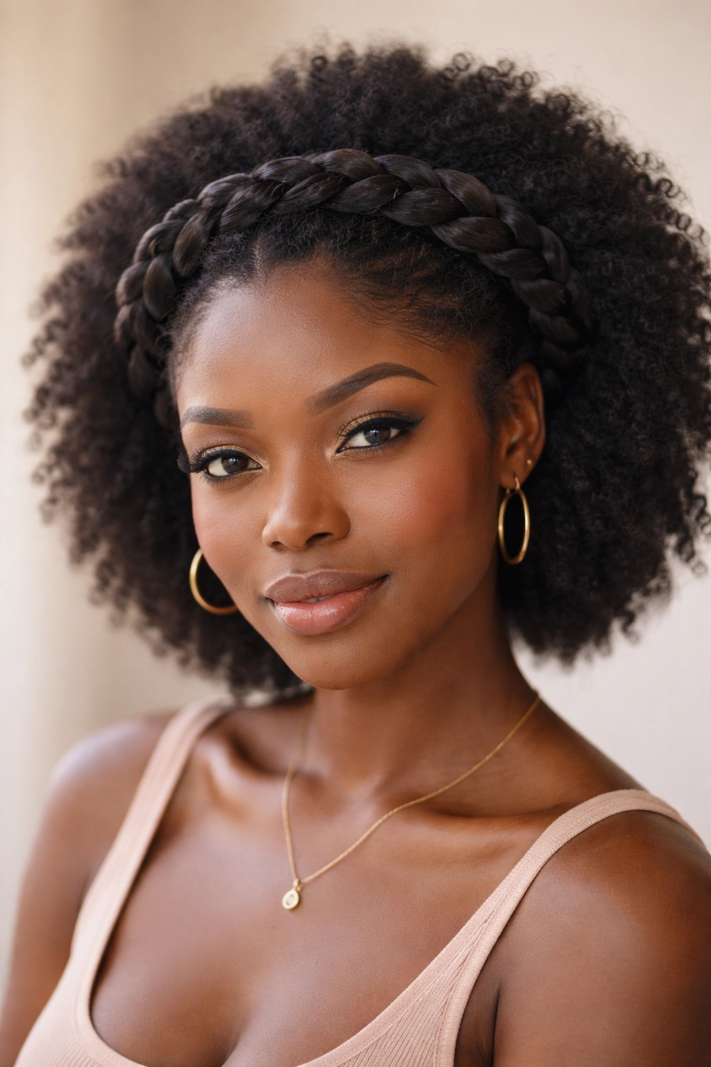Close-up portrait showing Crown Braid with Natural Texture with halo braid and visible 4C curls.