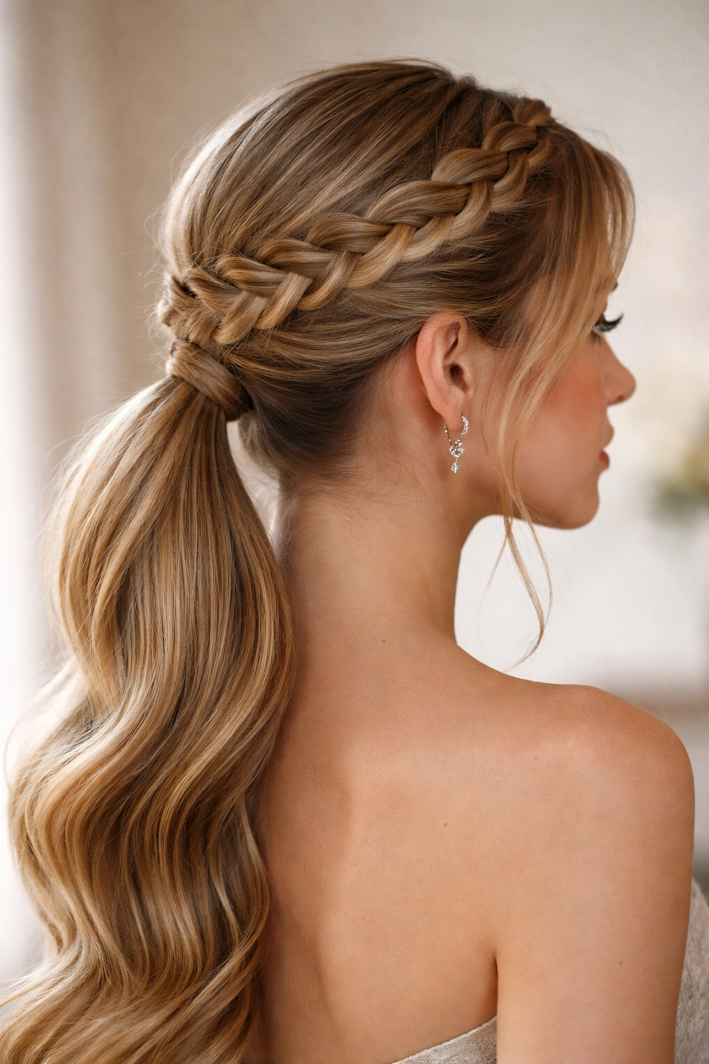 Crown braid with low ponytail at the nape