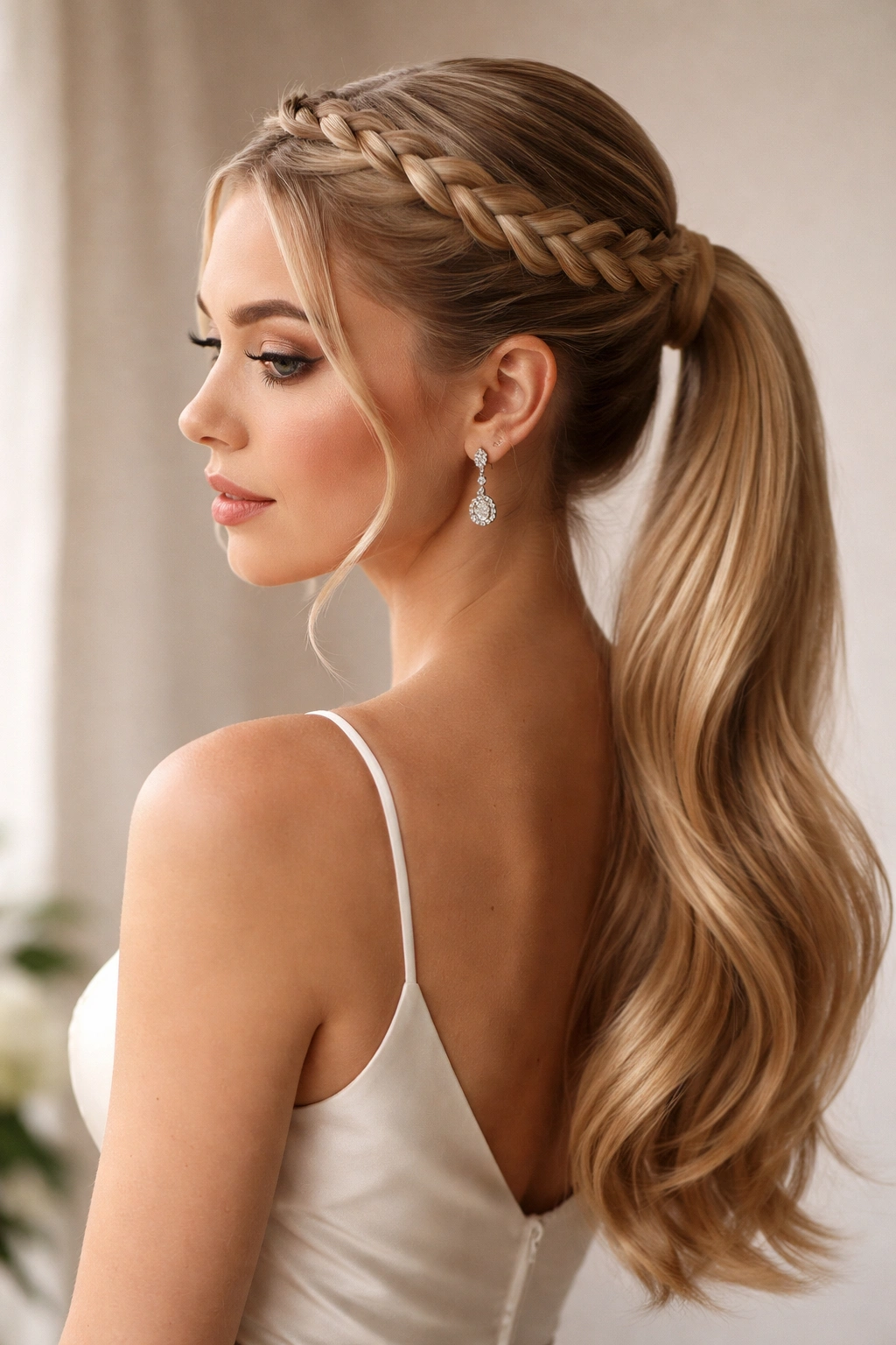 Close-up of crown braid around head with a ponytail at the base.