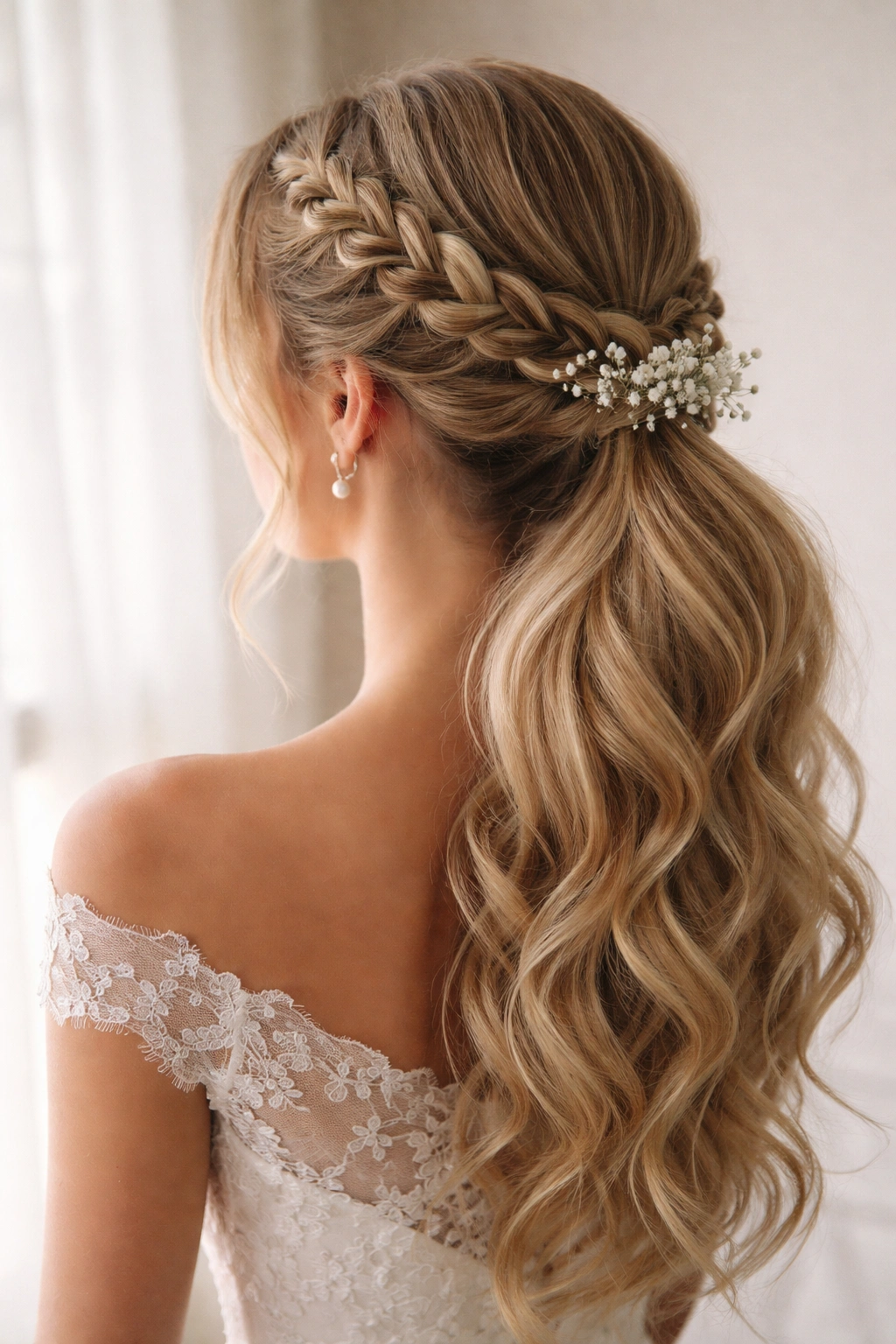 Crown Dutch braid around the head leading to a low ponytail