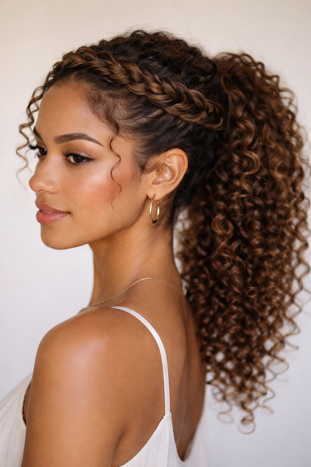 Crown braid ponytail on curly hair with crown around head