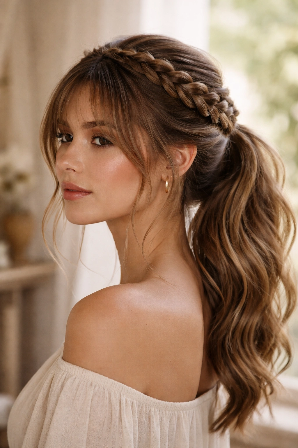 Crown braid around the head with curtain bangs and ponytail at back.