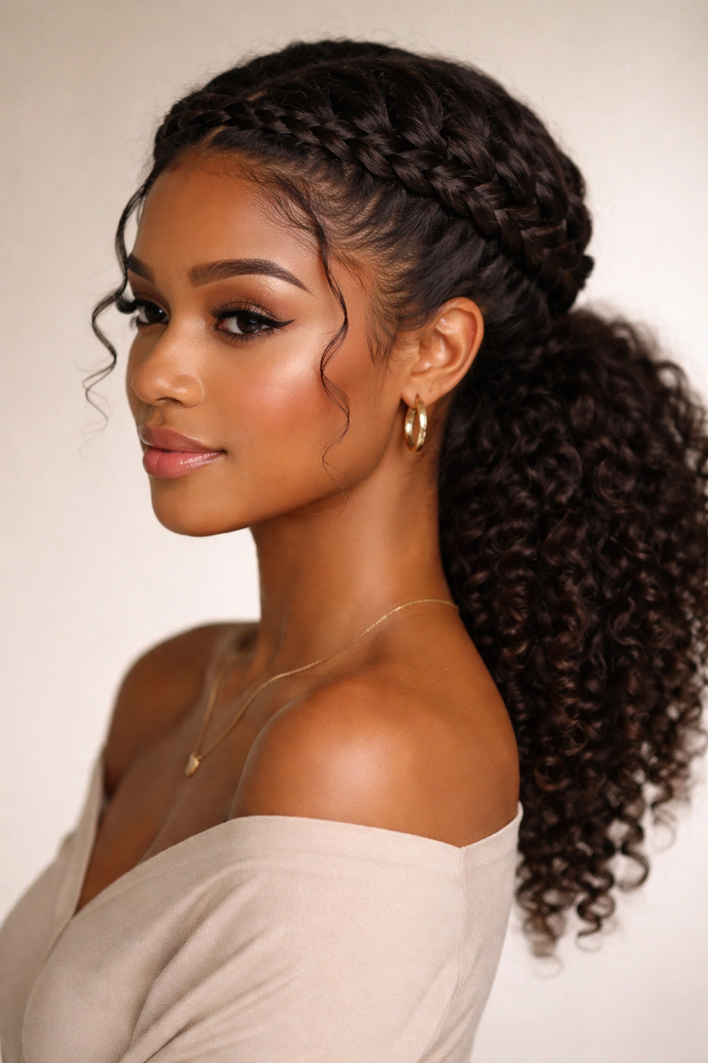Close-up of a crown braid encircling the head and joining into a low ponytail