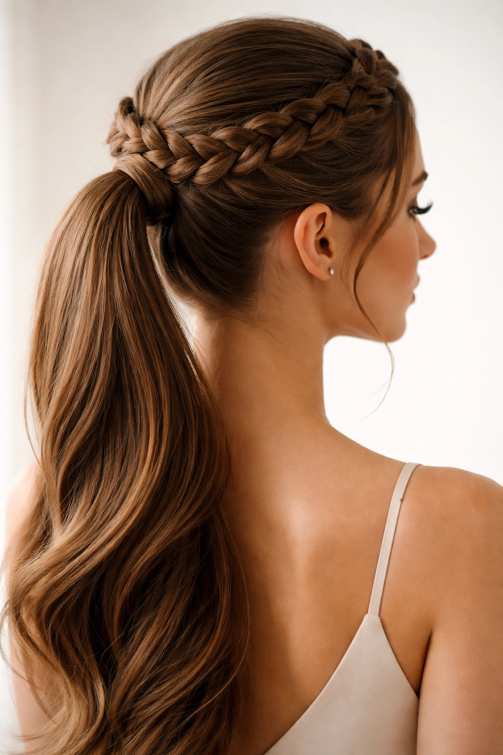 Halo crown braid encircling head, flowing into a polished ponytail.