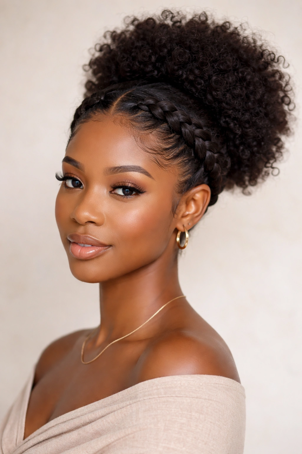Close-up of a crown braid surrounding a high puff on a styled afro.
