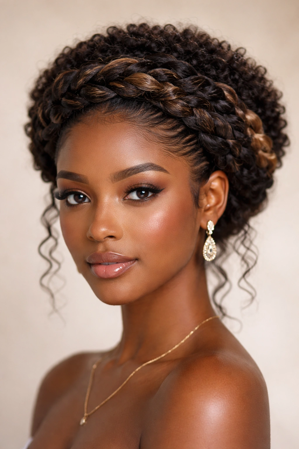 Crown braid around head displaying multiple textures and curl patterns