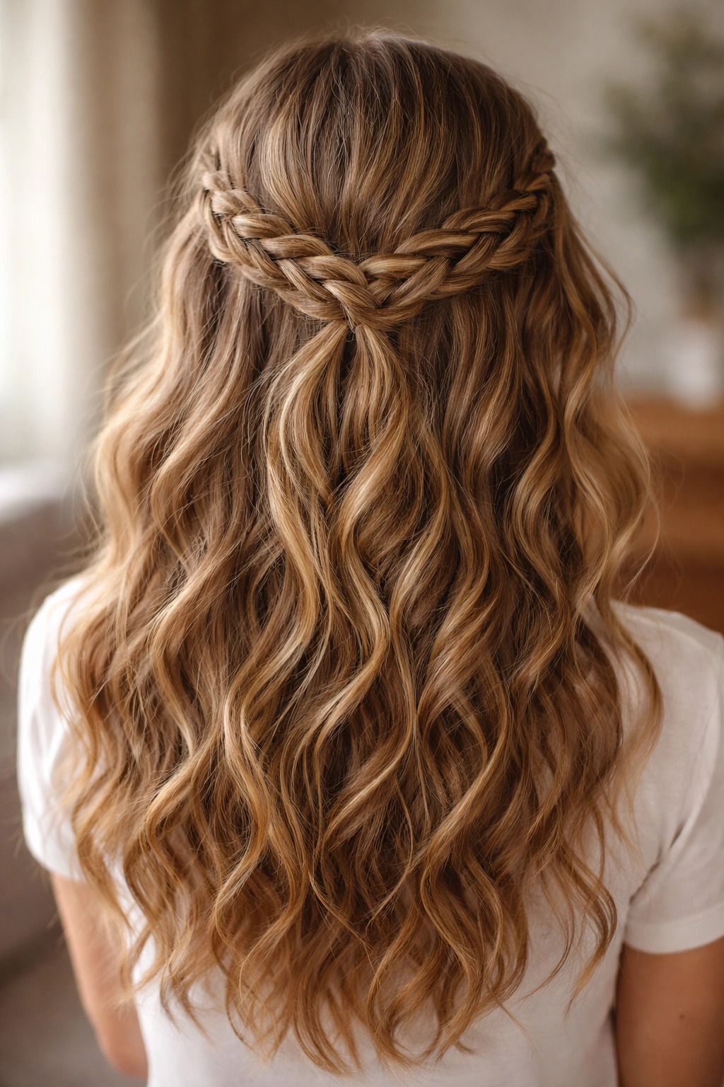 Two small side braids meet at the back forming a crown twist on wavy hair.