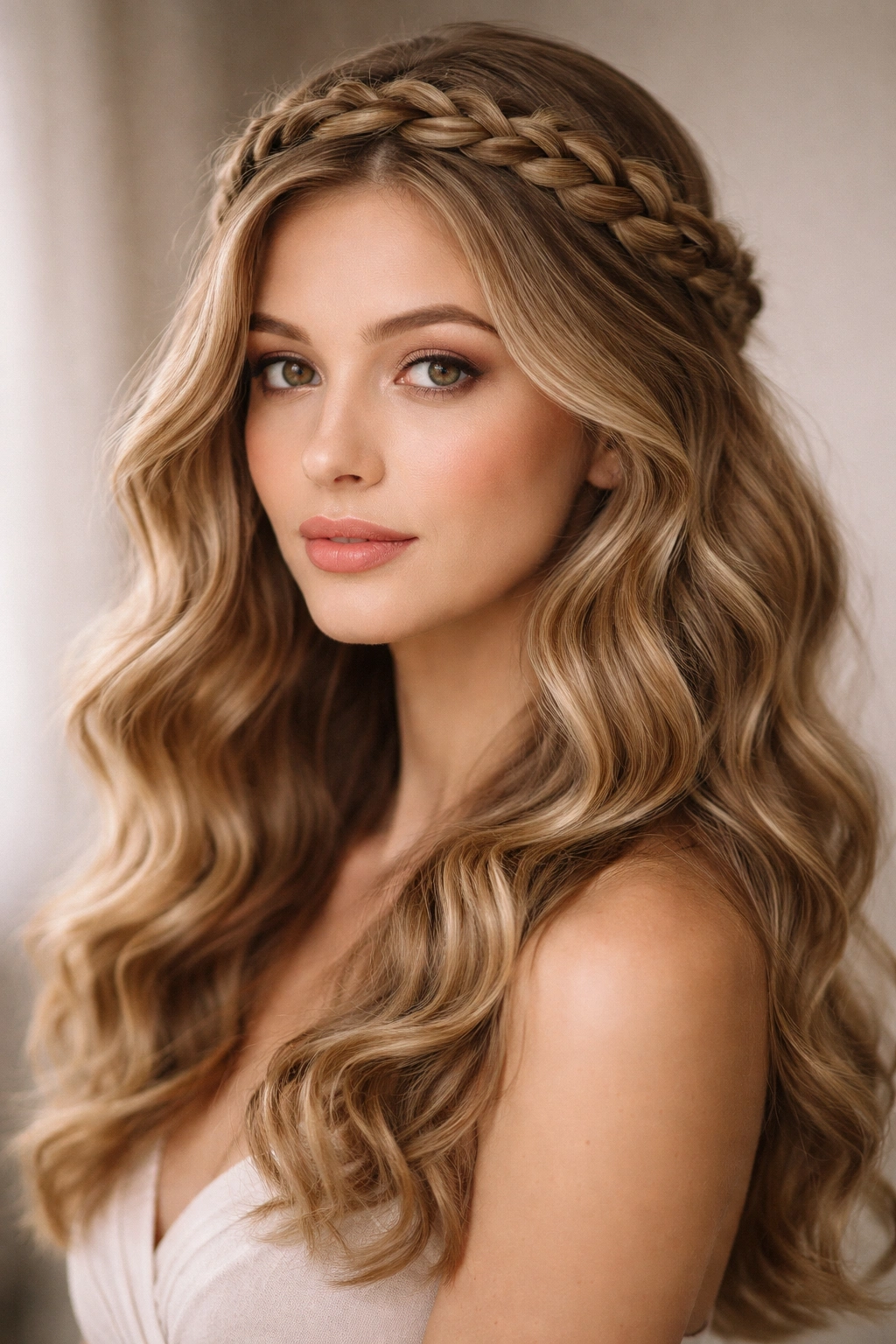Close-up of The Braided Crown Halo hairstyle featuring a crown braid around the head with defined waves