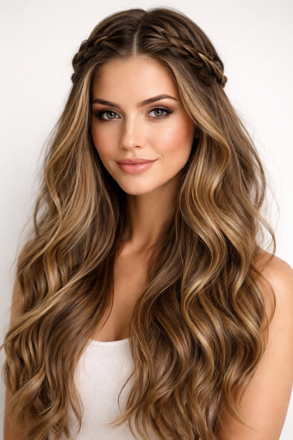 Crown braid atop smooth waves with lower loose waves visible