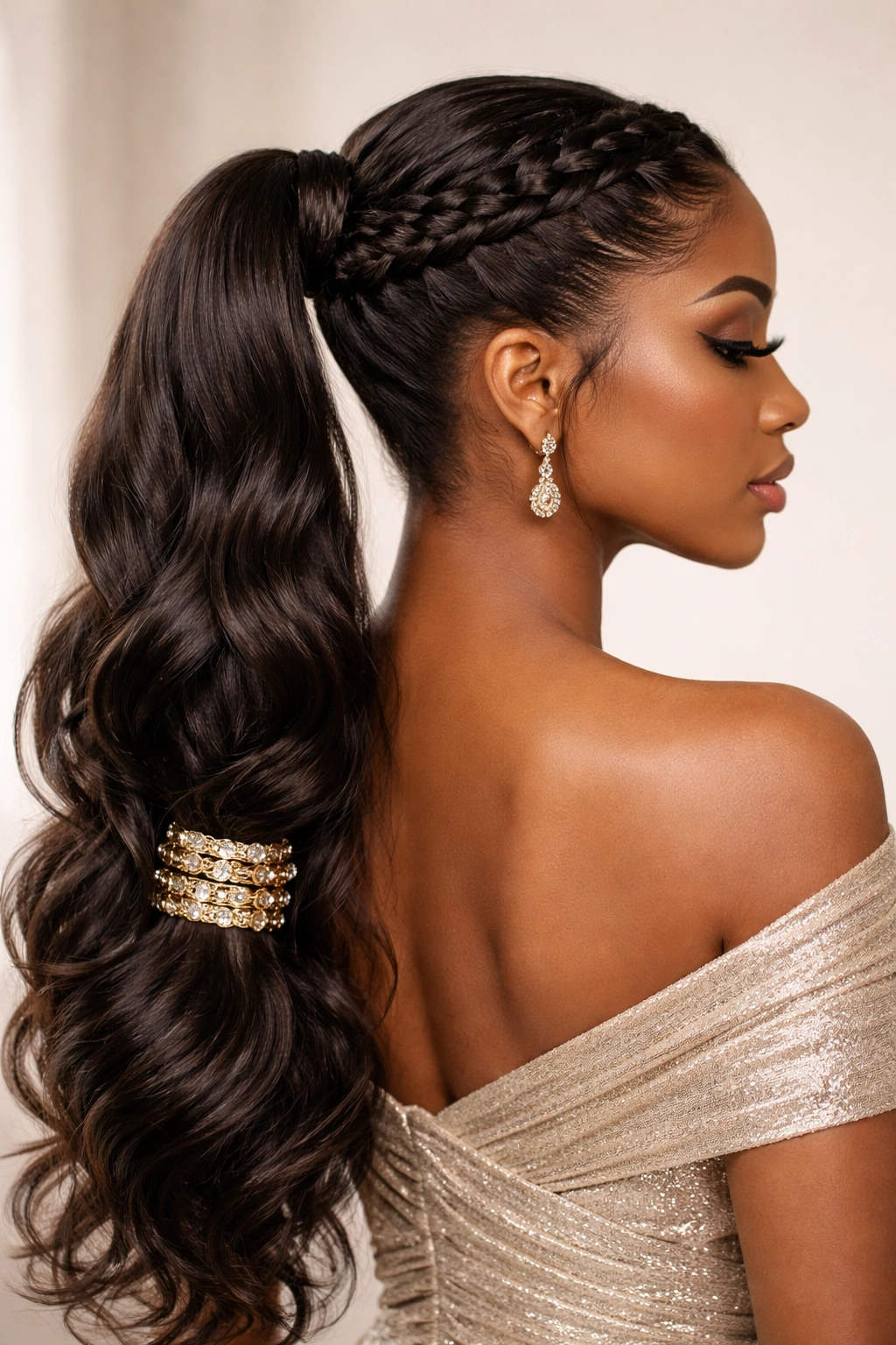 Crown-braided ponytail with accessory wrap around the base