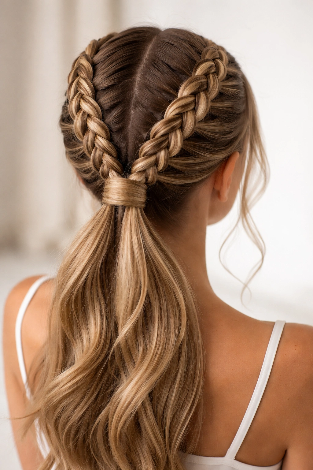 Crown-like braided headband wrapping into twin ponytails