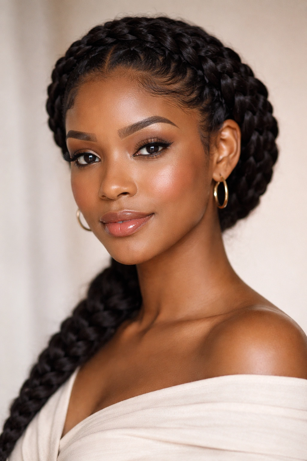 Close-up of crown braids forming a halo around the head