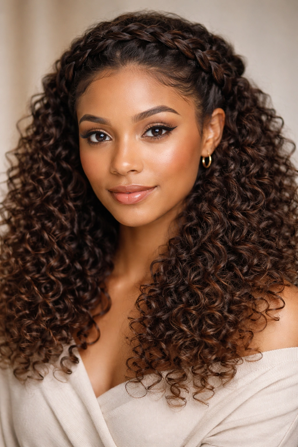 Crown braid around head with spring curls underneath