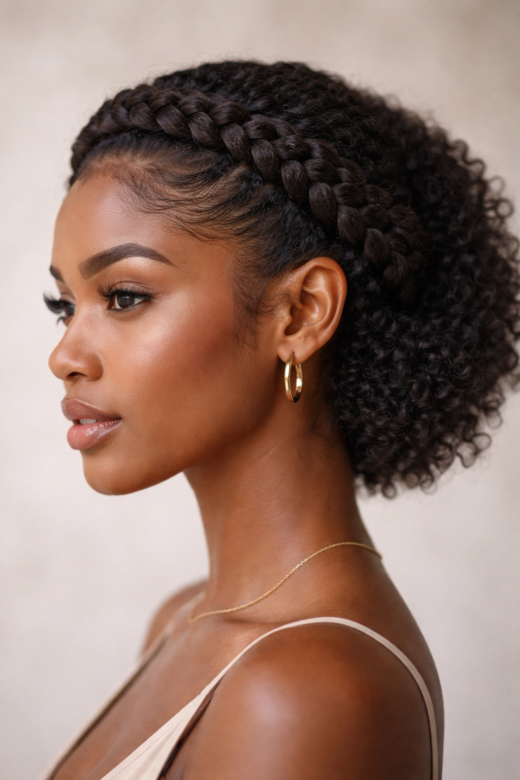 Side view of crown braids along the hairline protecting natural edges