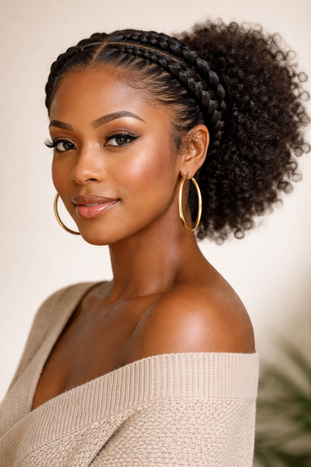 Halo crown braids with a free back puff of curls