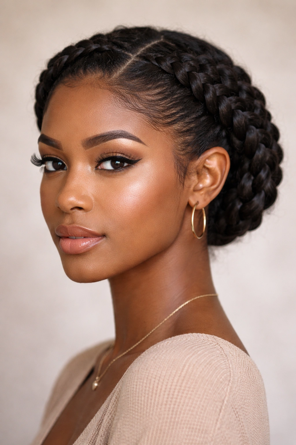 Close-up of crown braids framing the face in a studio setting