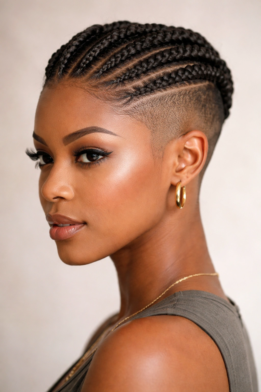 Three-quarter view showing crown braids on top and shaved sides