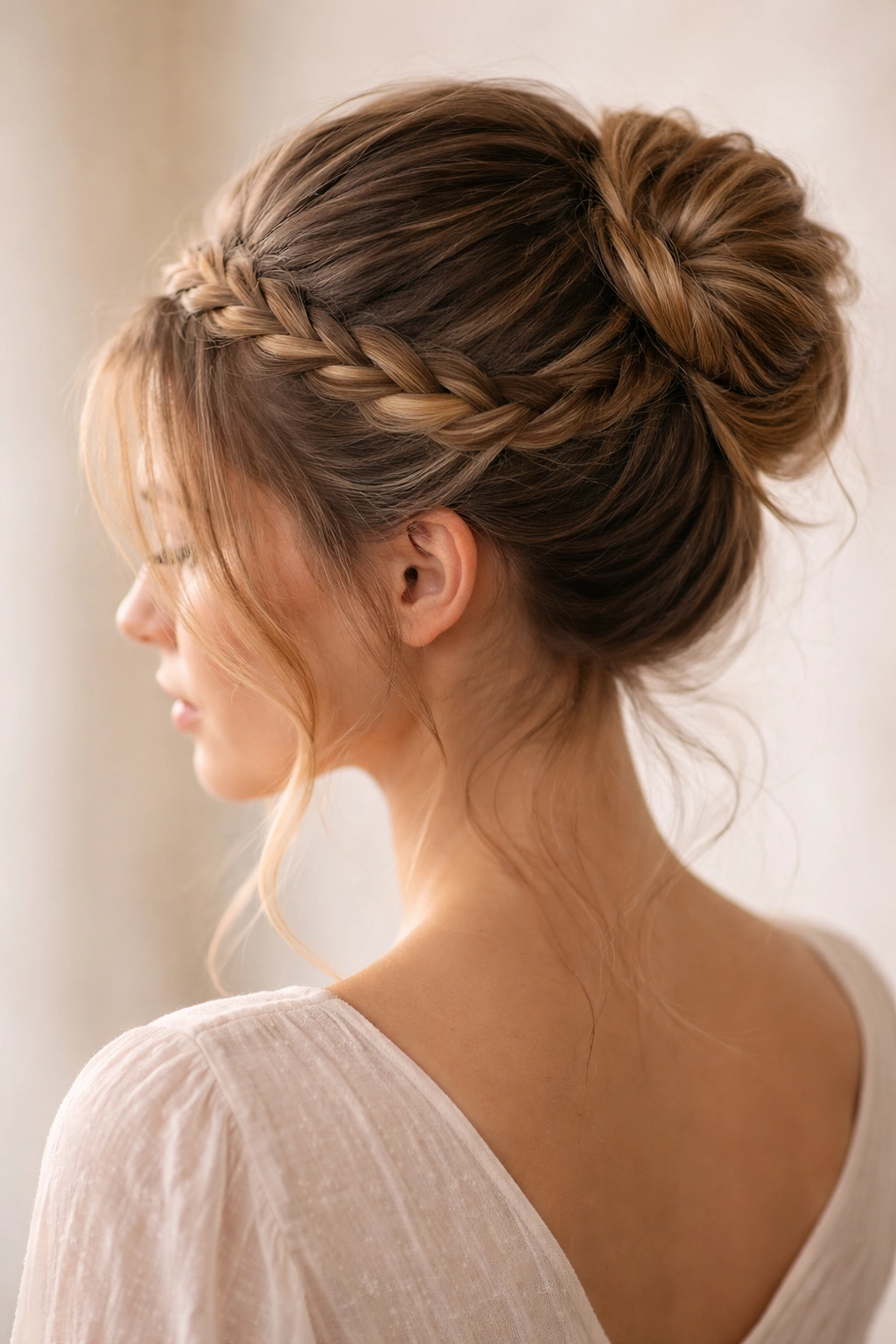 Romantic crown bun with a braid around the crown on a model's head.