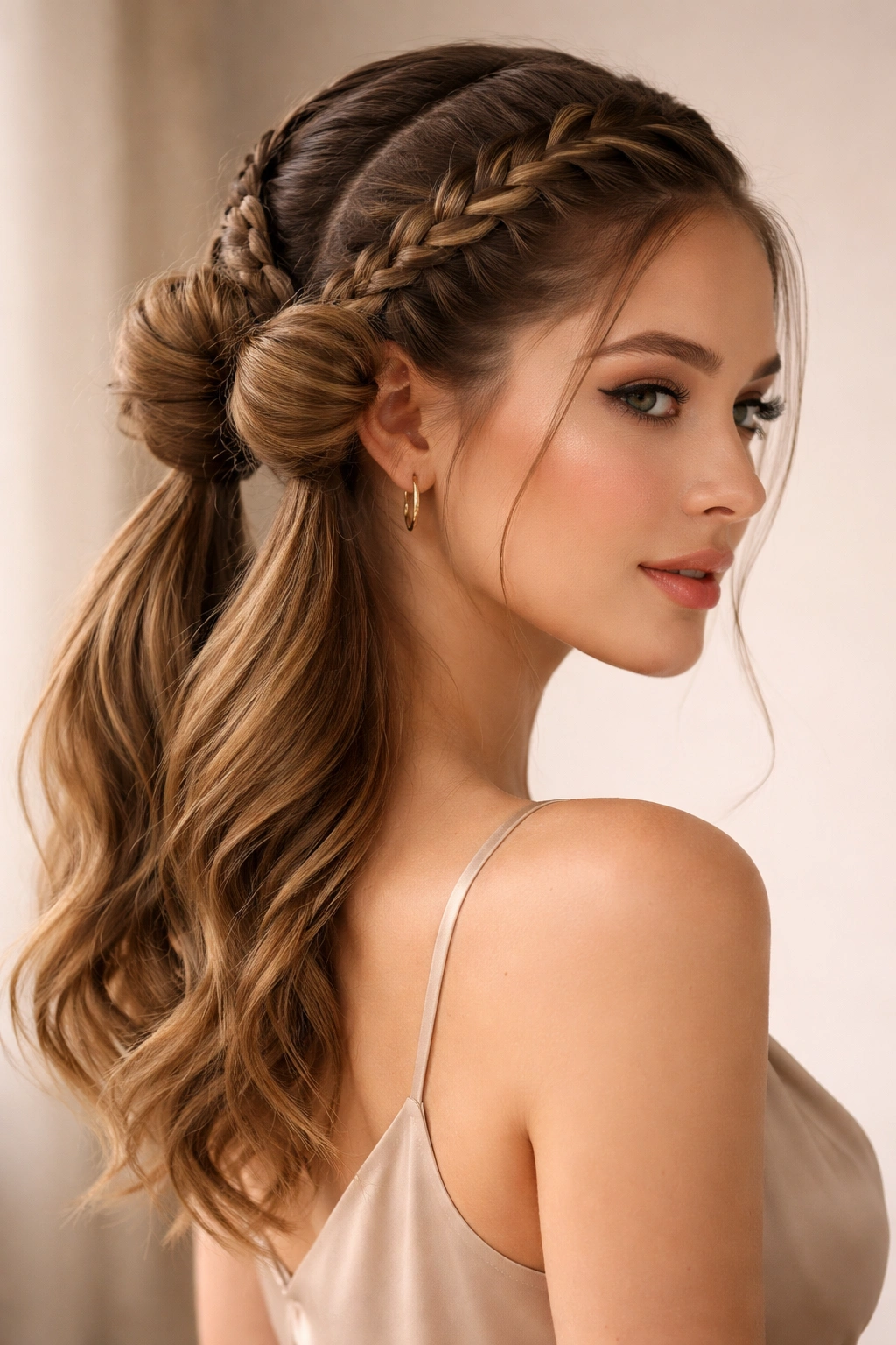 Close-up of two braided buns forming a crown-style double ponytail at the back of the head