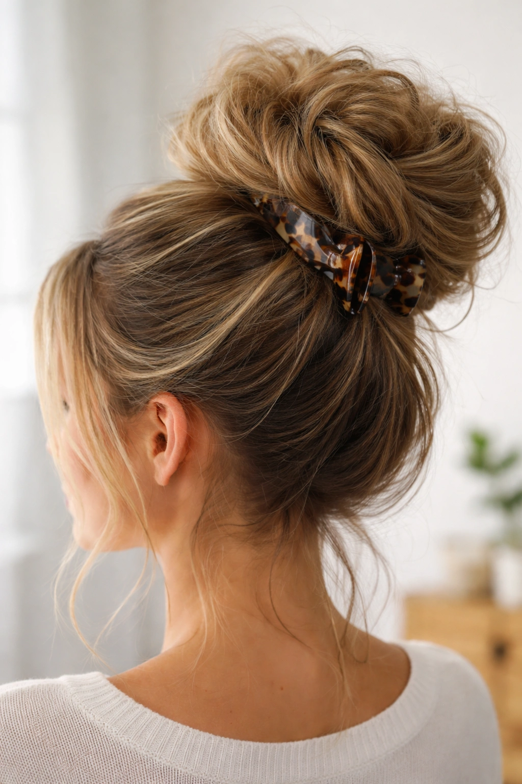 High, voluminous crown bun secured with a claw clip