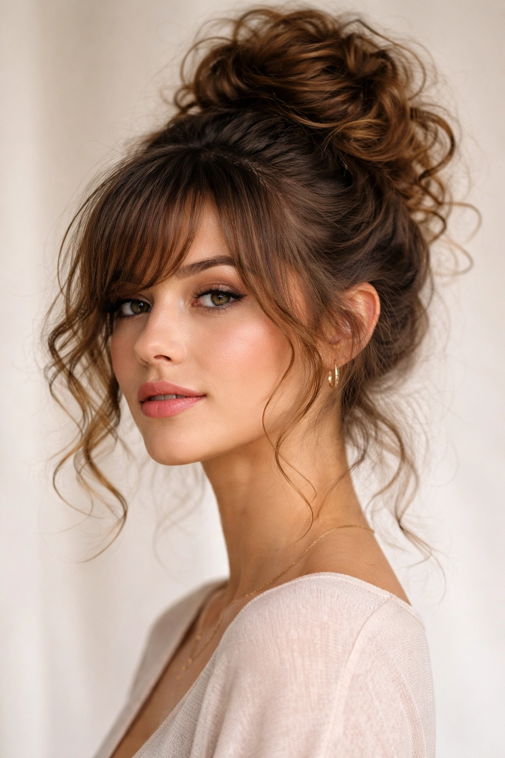Tousled crown bun with soft side-swept bangs