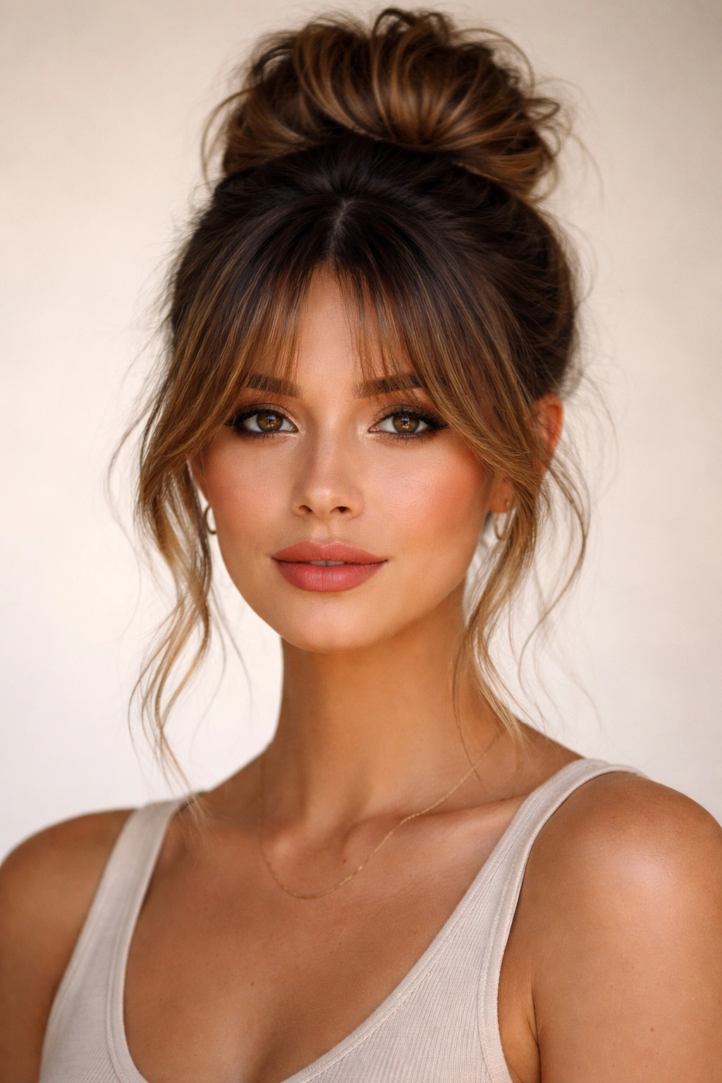 Textured crown bun with curtain bangs on top of the head