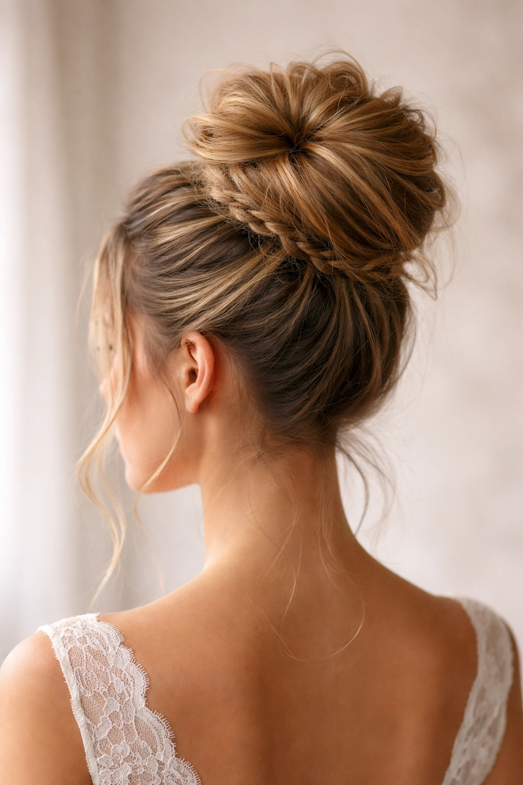 High textured crown bun on bridesmaid with voluminous crown