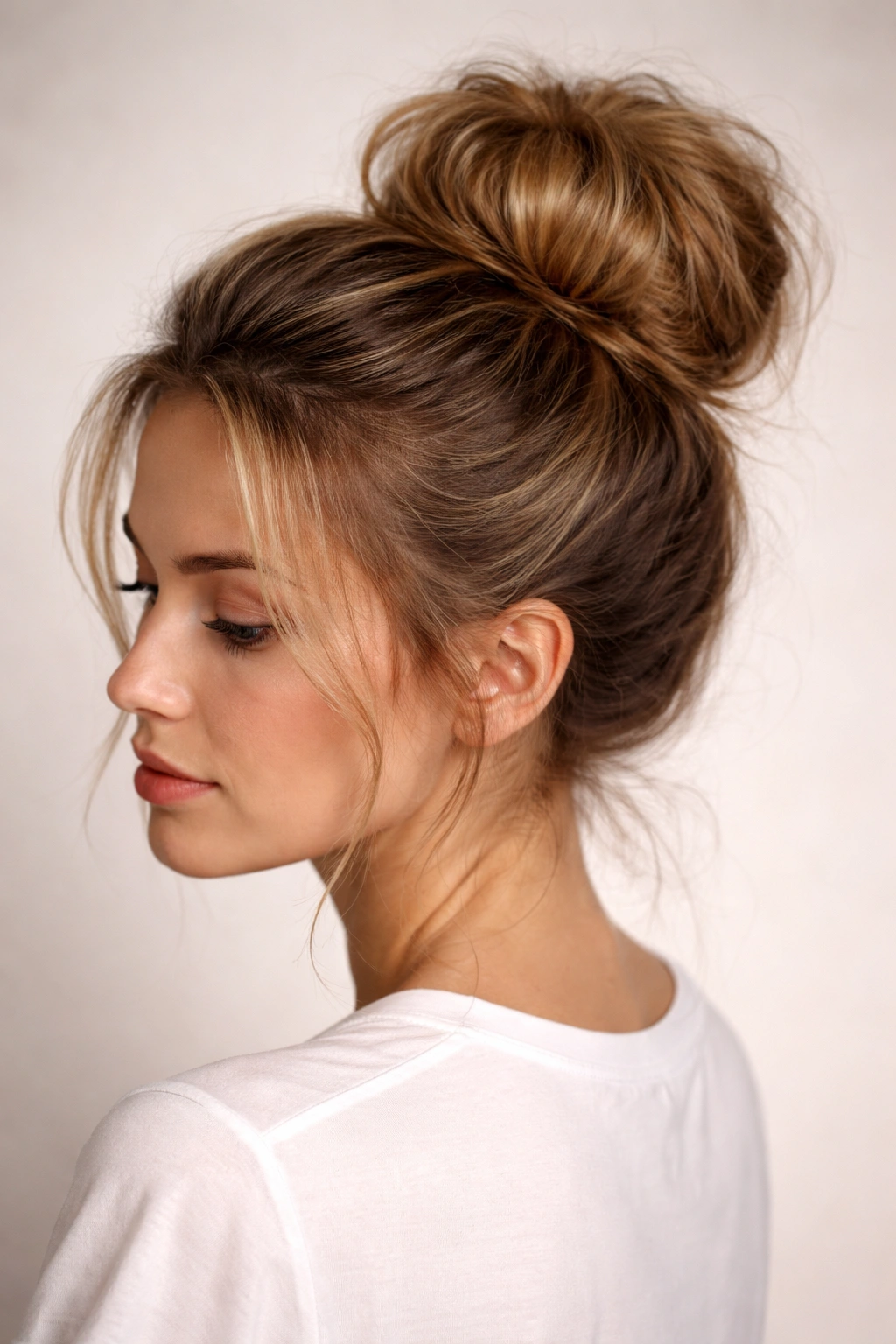 High crown textured bun disguising thinning at the hairline