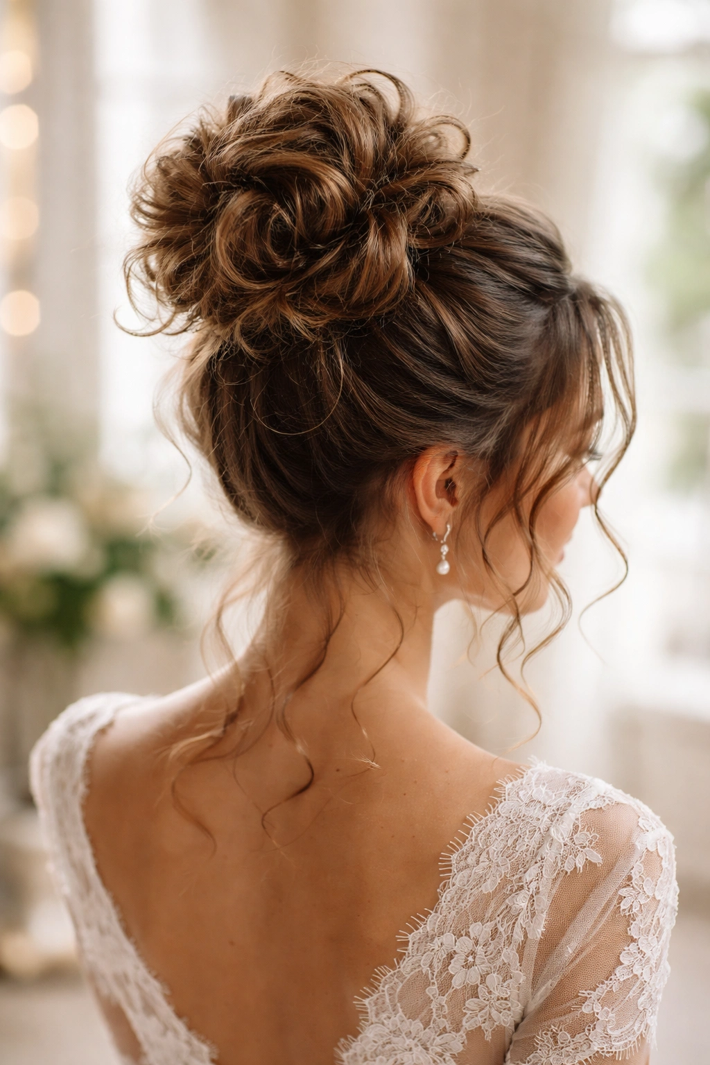 High crown bun with loose curls for an elegant wedding hairstyle