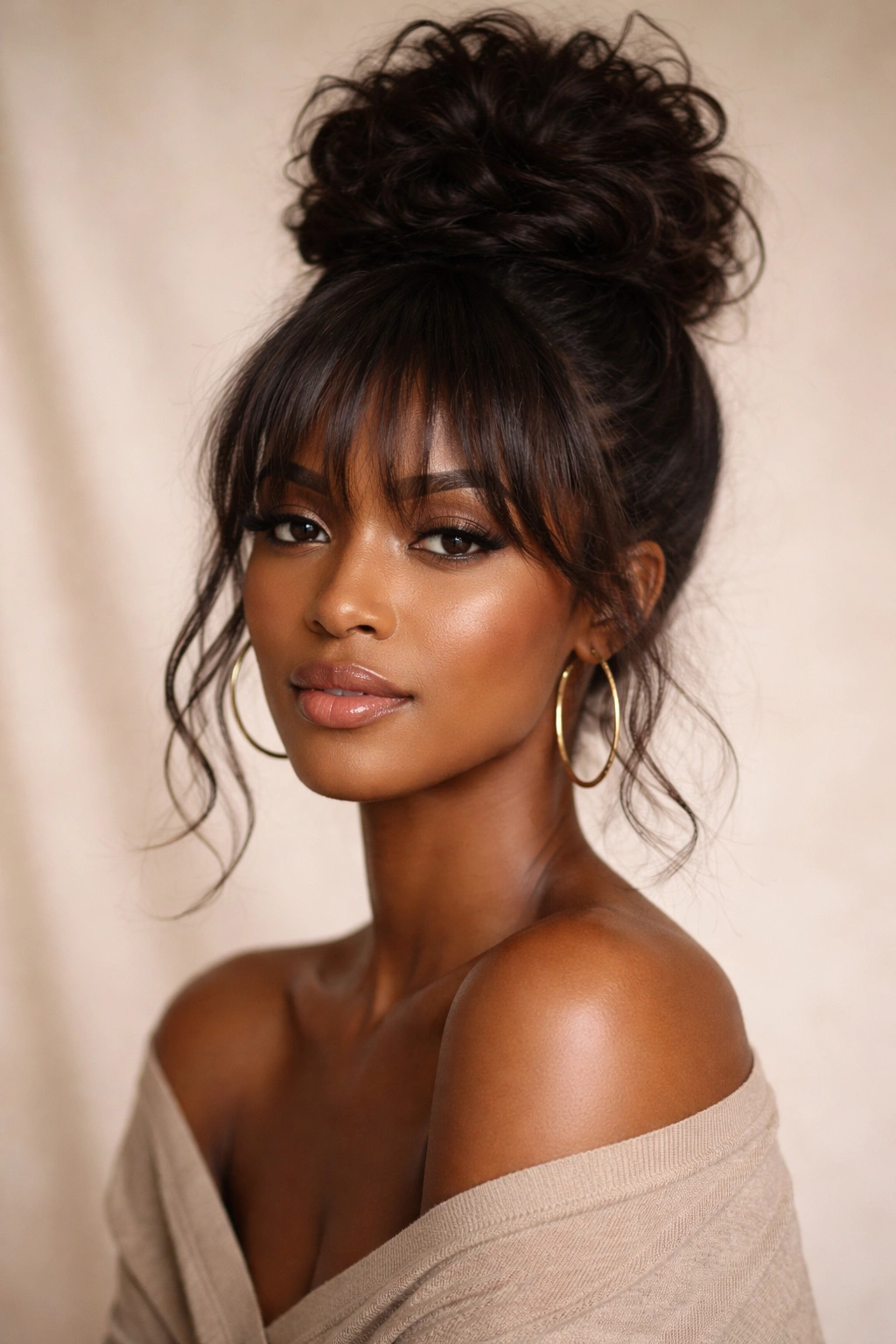 Close-up of a model's head featuring a high textured crown bun with wispy bangs.