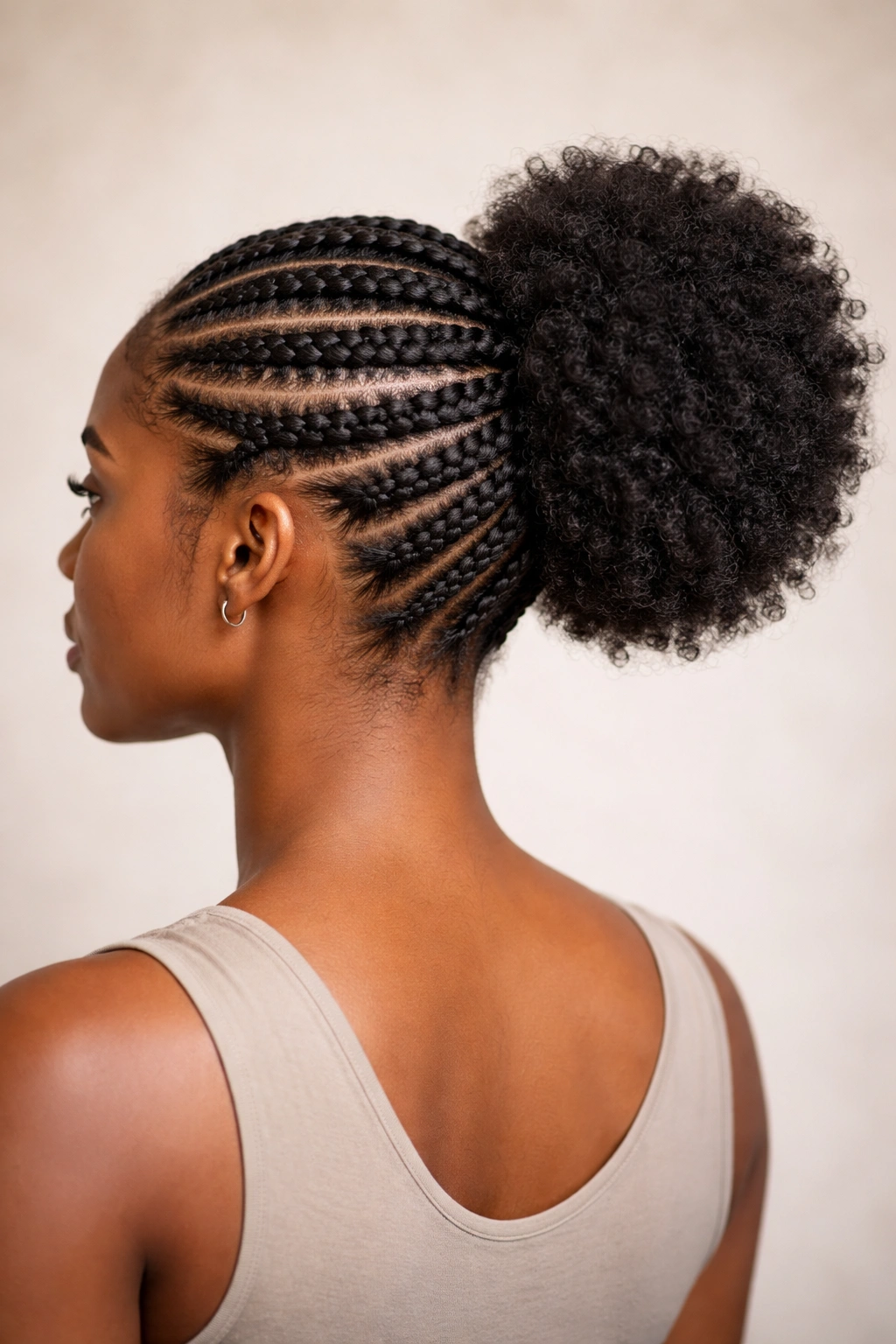Halo crown of cornrows converging into a single center-back afro puff