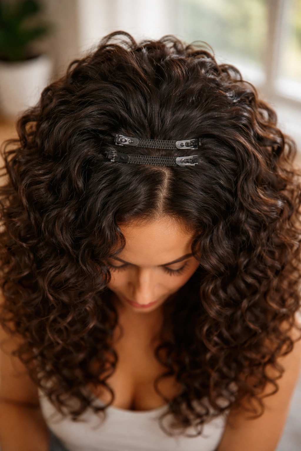 Top-view of curly hair with crown clip-ins lifting roots