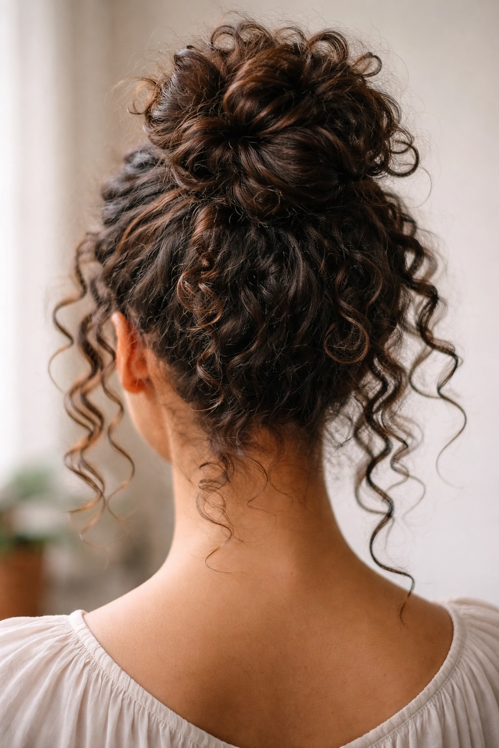 Knot at crown with loose floating curls around sides.
