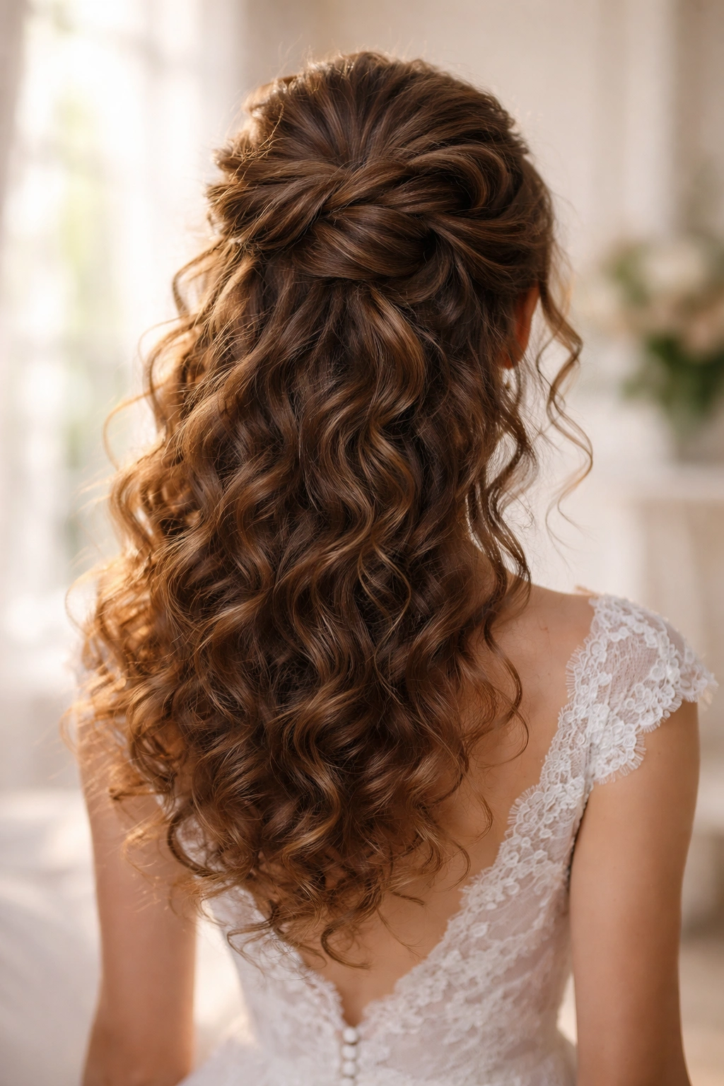 Close-up of crown knot hairstyle with graduated curl release on curly wedding hair.