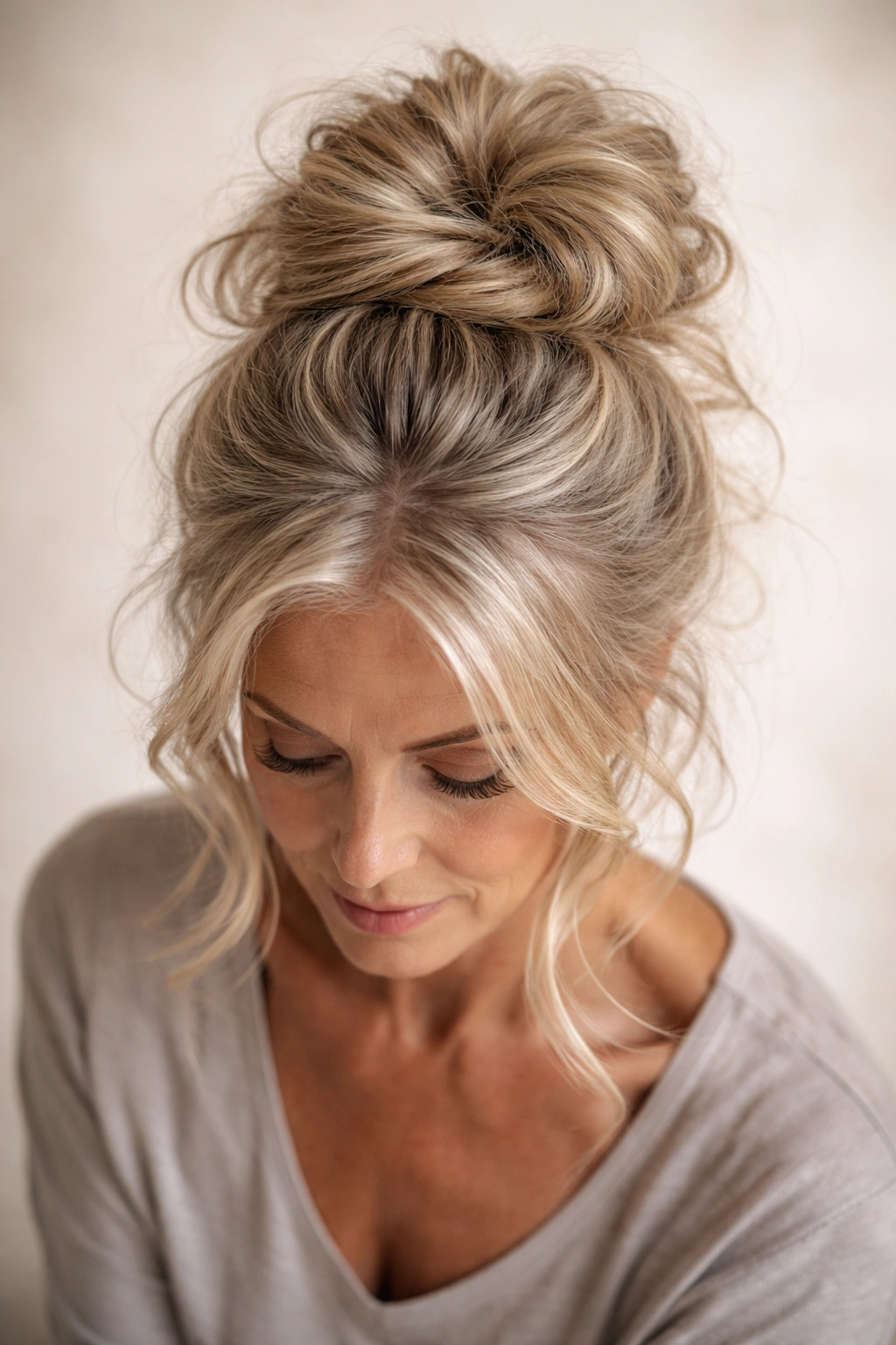 Close-up of crown-high messy bun with textured, loose strands.