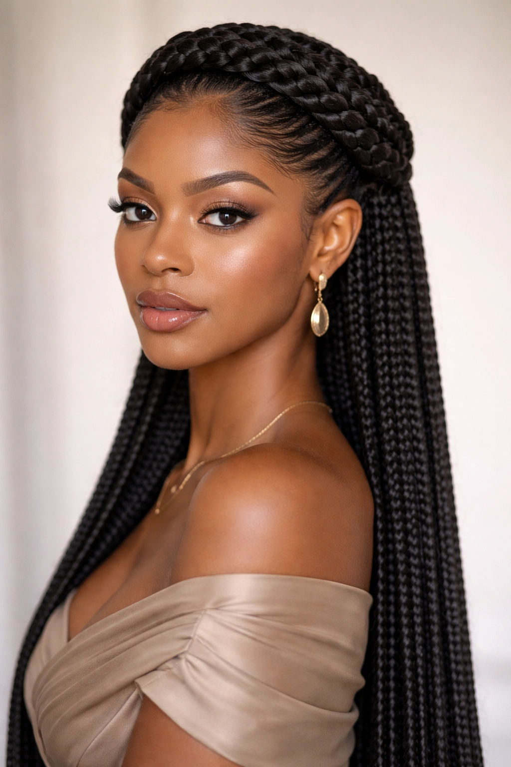 Close-up of classic crown pondo with box braids