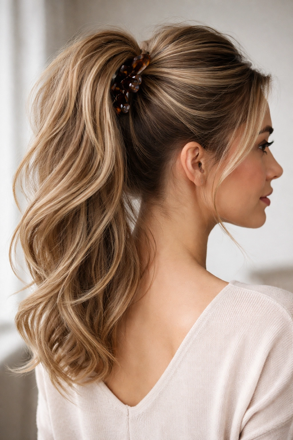 Voluminous crown ponytail secured by a claw clip with teased crown